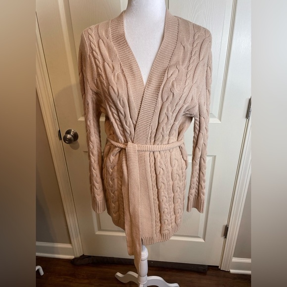 Evereve Juliette Wrap Cable Knit Belted Cardigan Sweater - Tan Small - Picture 2 of 10